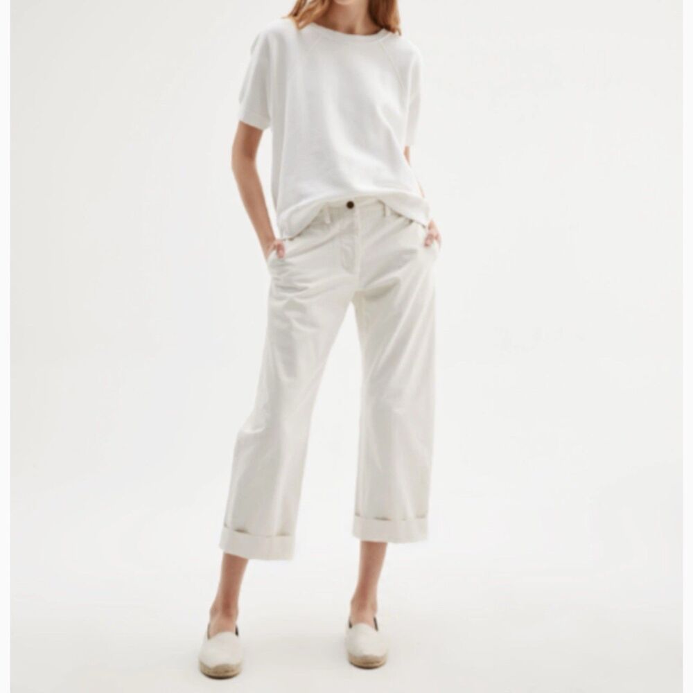 Nili Lotan 4 Tomboy Pant Cuffed Button Fly Ivory Cotton Wide Leg Herringbone